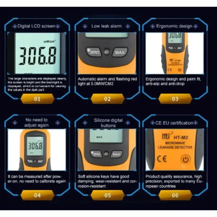 Habicare HBC Microwave Radiation Leakage Detector HT-M2 showing digital display and sensor for detecting microwave leaks