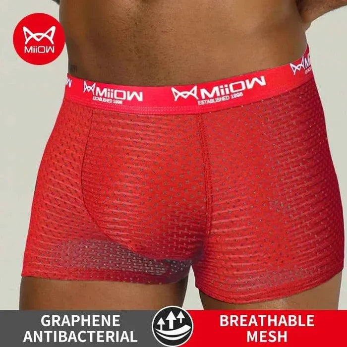Breathable mesh men's boxer shorts by MiiOW featuring sexy ice silk fabric, showcasing comfortable, stylish men's underwear.