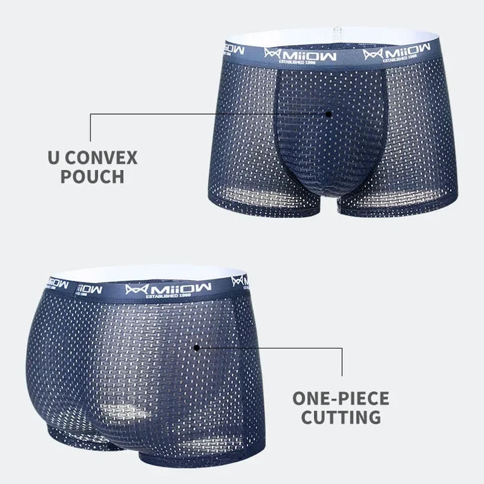 Breathable mesh men's boxer shorts from MiiOW, featuring sexy ice silk fabric and a comfortable fit.