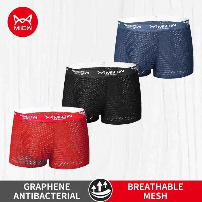 Three pairs of MiiOW Ice Silk men's boxer shorts with breathable mesh fabric in a sexy, stylish design.