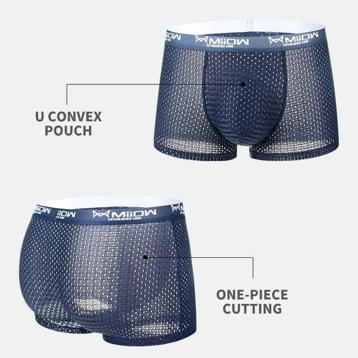 Set of three MiiOW Ice Silk men's boxer shorts featuring breathable mesh fabric and a sexy, snug fit.