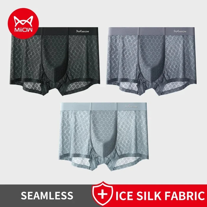 Set of three breathable MiiOW men's boxer shorts featuring comfortable, lightweight fabric for everyday wear.