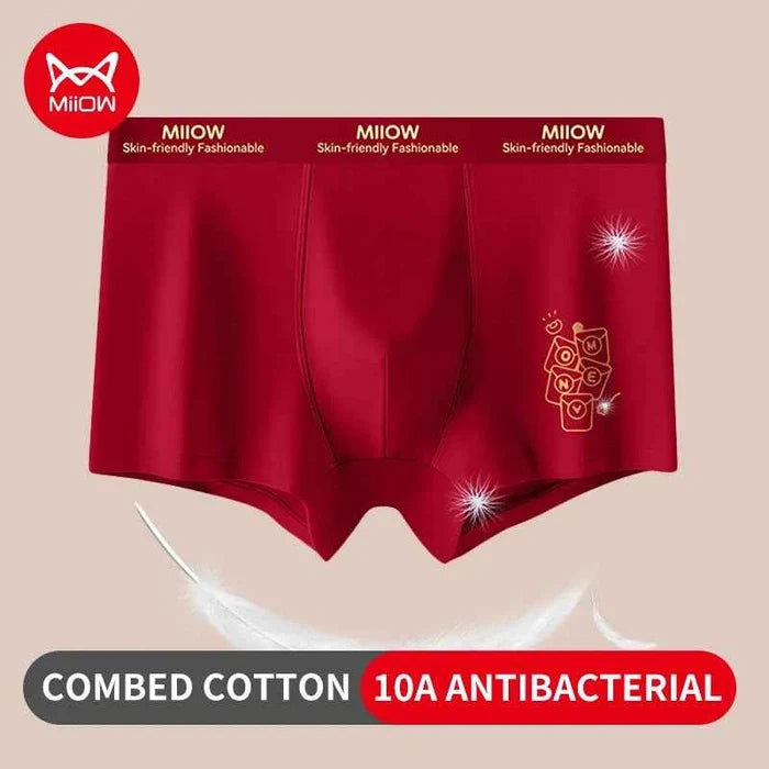 Three pairs of men's antibacterial cotton boxer briefs in lucky red, breathable underwear from MiiOW, designed for comfort and hygiene.