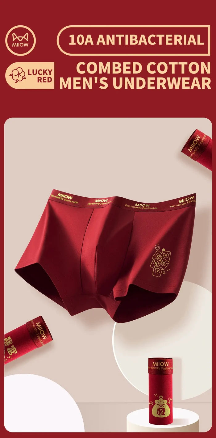 Men's antibacterial cotton boxer briefs in lucky red, breathable underwear set with three pairs from MiiOW.