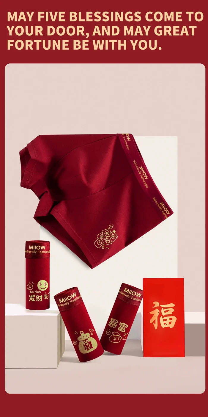 Men's antibacterial cotton boxer briefs in lucky red, breathable underwear by MiiOW, featuring comfortable fit and quality fabric.