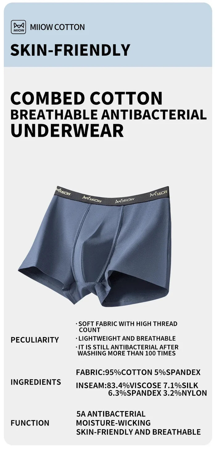 Three pairs of men's antibacterial boxer briefs by MiiOW, made of breathable cotton mesh, in plus size with comfortable fit.