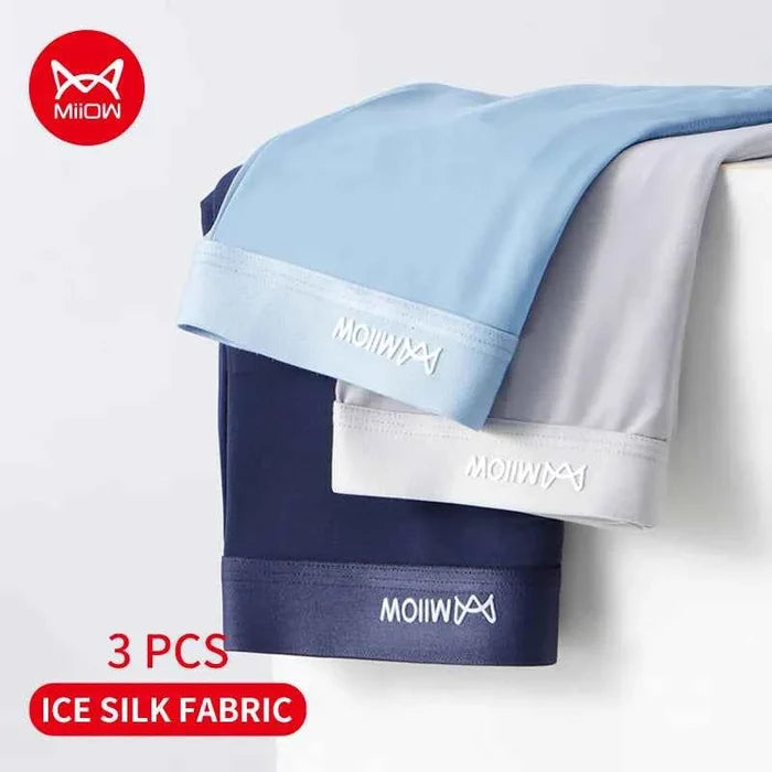 Set of three MiiOW Ice Silk men's boxer briefs featuring breathable, antibacterial graphene fabric in a stylish design.