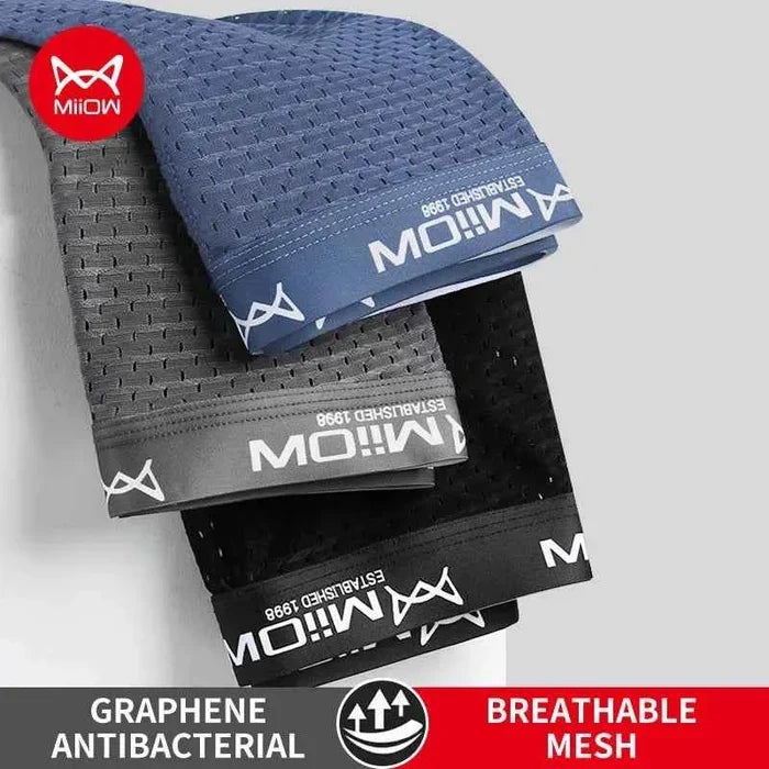 Men's breathable boxer briefs in ice silk, MiiOW 3-pack, featuring comfortable, lightweight underwear with a snug fit.
