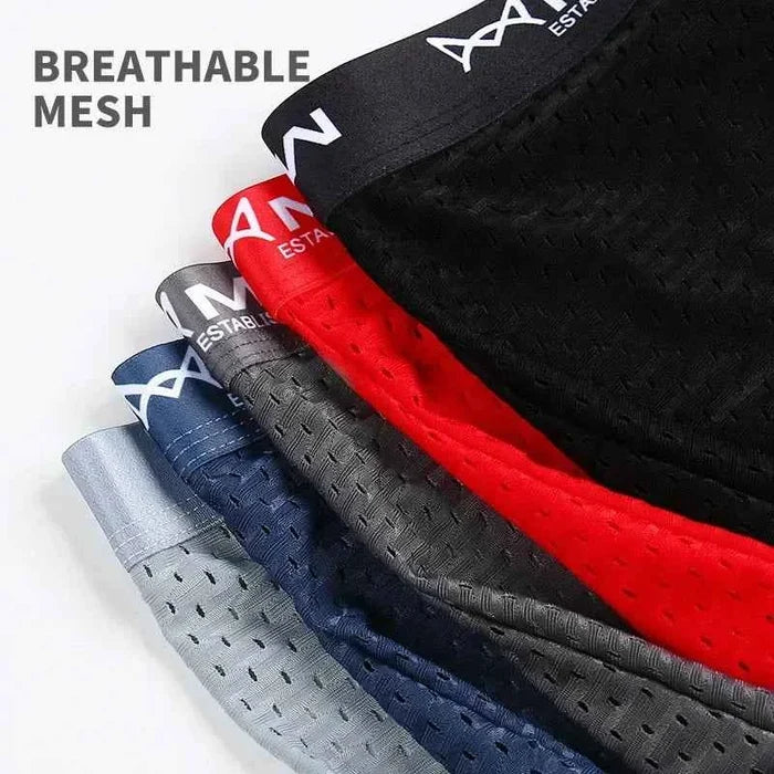Men's breathable boxer briefs from MiiOW, made with ice silk fabric, shown in a pack of three in neutral colors.