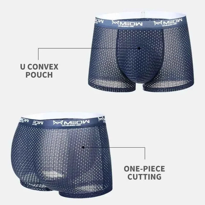 Men's breathable boxer briefs from MiiOW in ice silk fabric, displayed in a 3-pack, designed for comfort and ventilation.