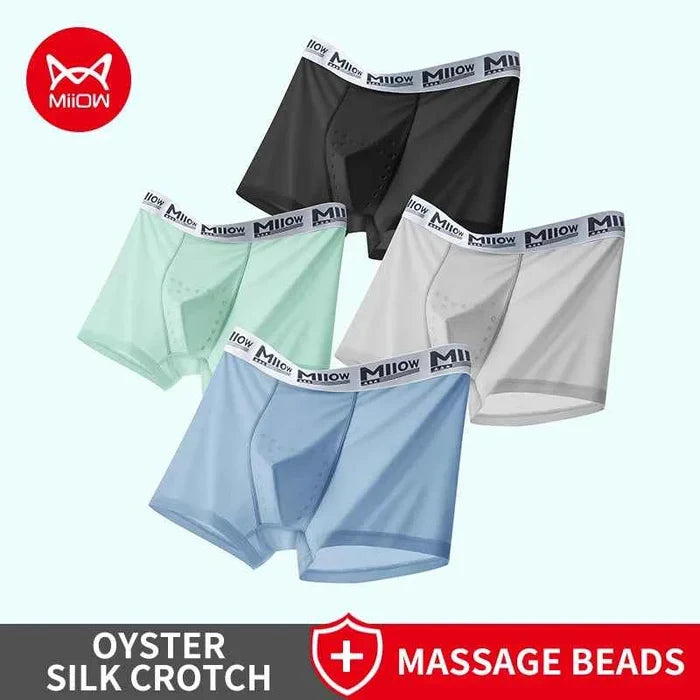 Men's MiiOW ice silk boxer briefs, antibacterial and breathable, shown in a 4-pack, designed for comfort and freshness.