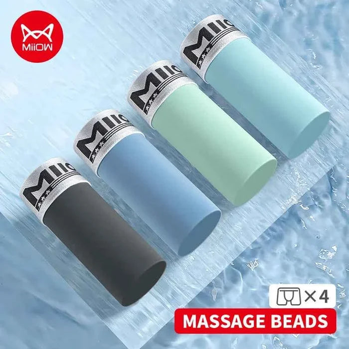 Men's MiiOW Ice Silk Boxer Briefs with antibacterial massage beads, four-pack, in a comfortable and smooth fabric design.