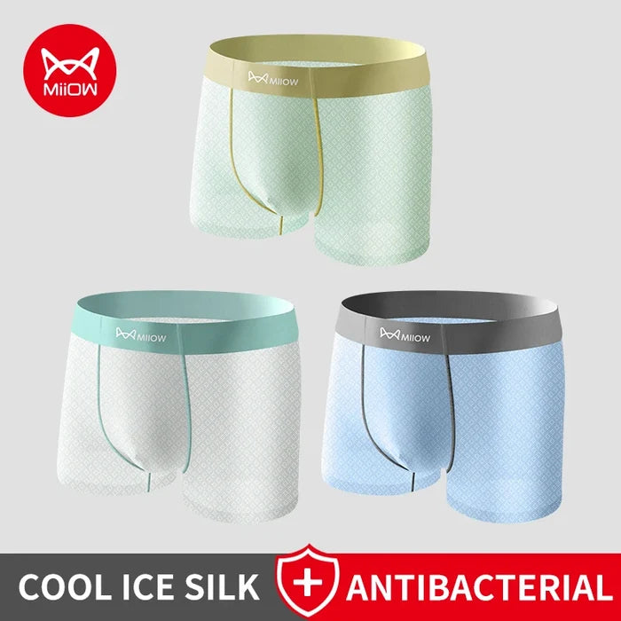 MiiOW Ice Silk men's boxer shorts in light blue, featuring a smooth, breathable fabric for cooling comfort.