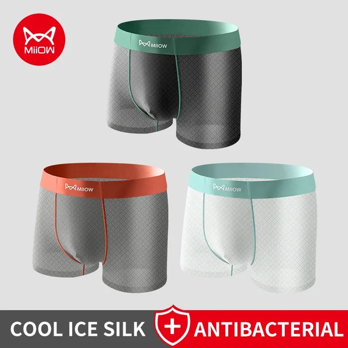 MiiOW Ice Silk men's boxer shorts in blue, lightweight and breathable fabric, designed for comfort and cooling.