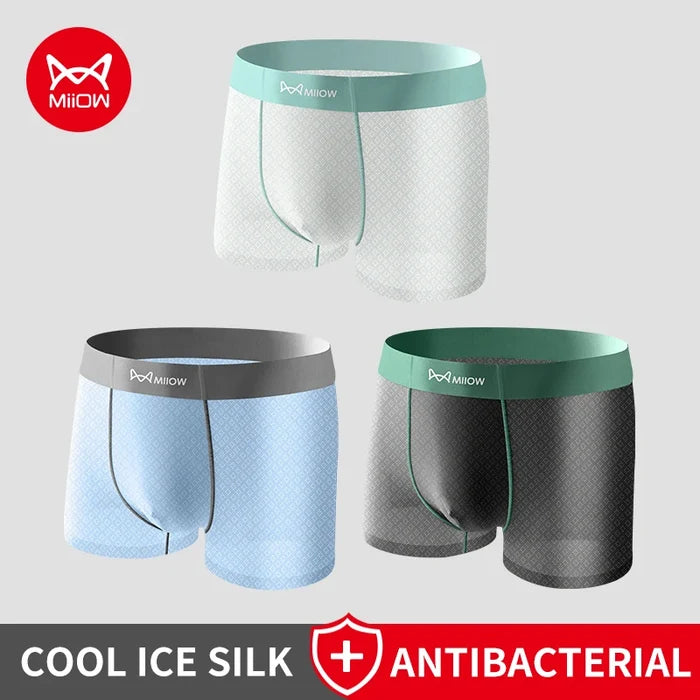 Men's MiiOW Ice Silk Boxer Shorts, lightweight and breathable underwear for comfort, shown in a close-up image.