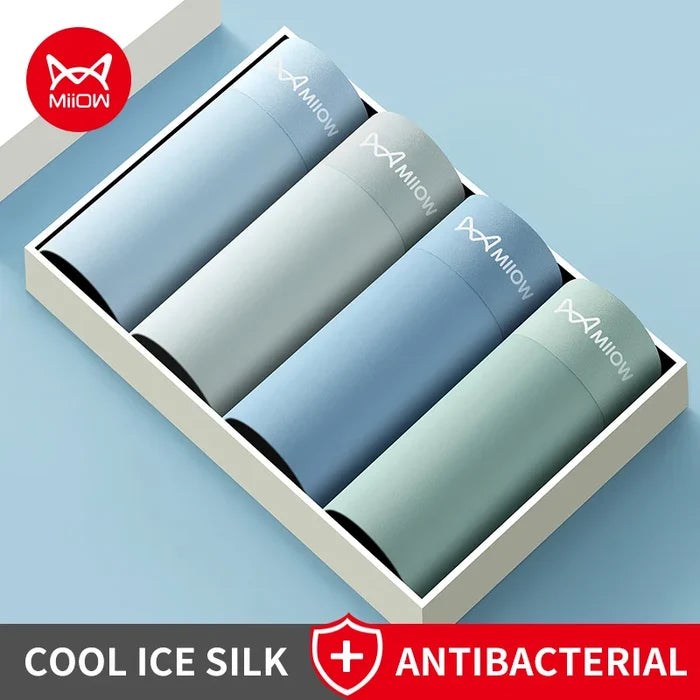 Men's boxer shorts in a 4-pack, breathable ice silk underwear by MiiOW, featuring comfortable, lightweight fabric for everyday wear.