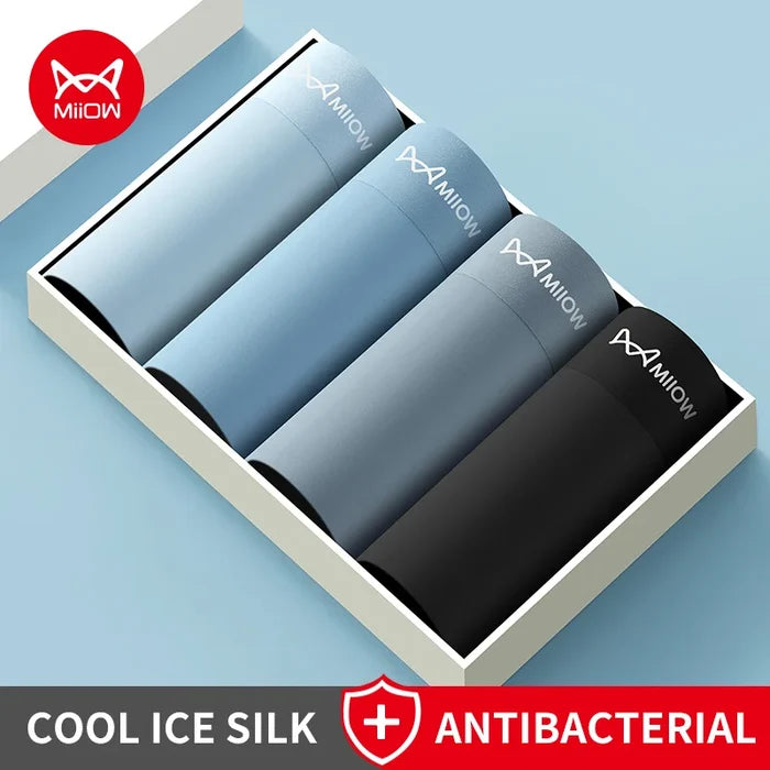 Set of four men's boxer shorts from MiiOW breathable ice silk underwear collection, featuring comfortable, lightweight fabric.