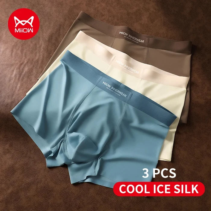 Set of three men's boxer shorts in ice silk fabric featuring silky smooth texture and breathable comfort, by MiiOW.
