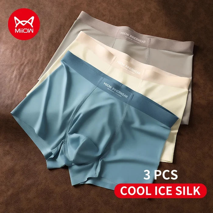Men's boxer shorts by MiiOW, silky smooth ice silk fabric, breathable men's underwear, 3-pack for comfort and ease.