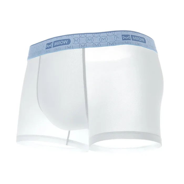 Set of four MiiOW Ice Silk men's boxer trunks with smooth, breathable fabric and elastic waistbands, displayed in a multicolor pack.