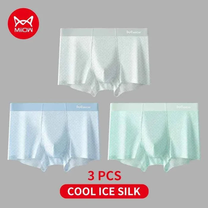 Men's MiiOW ice silk boxer briefs 3-pack from ShopHub NZ, antibacterial breathable men's underwear with 7A comfort fit.