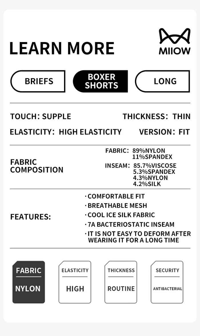 Men's MiiOW ice silk boxer briefs 3-pack by ShopHub NZ, antibacterial breathable men's underwear with comfortable fit.
