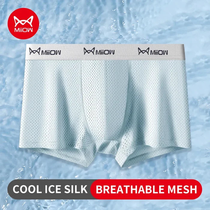 Set of three MiiOW Ice Silk men's boxer shorts featuring breathable mesh fabric and antibacterial properties.