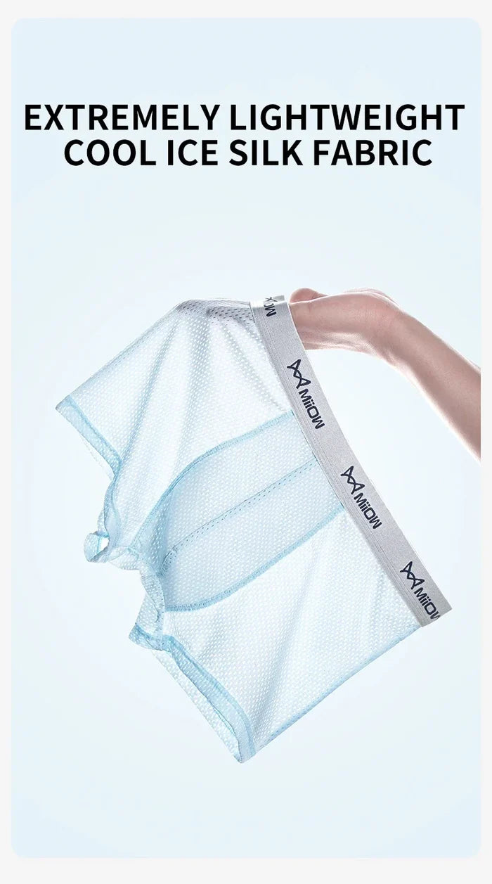 Three pairs of MiiOW Ice Silk men's boxer briefs with breathable mesh and antibacterial fabric in a pack, designed for comfort and style.