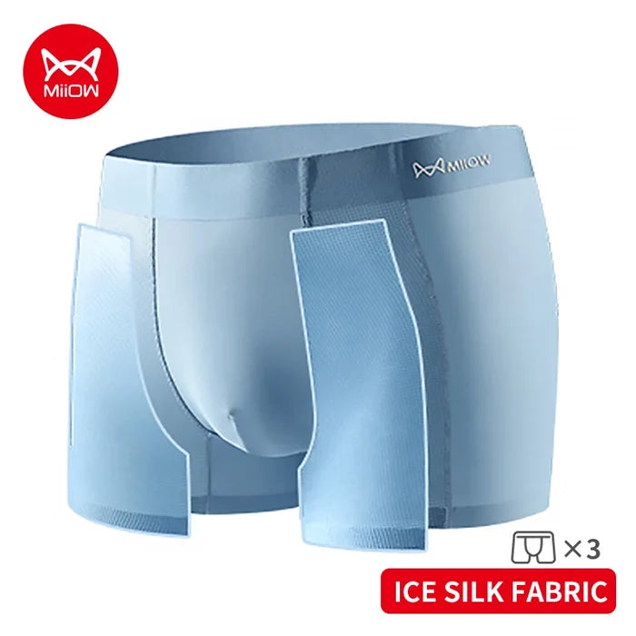 Men's breathable boxer shorts set by MIIOW with ice silk mesh fabric, antibacterial cotton crotch, seamless design, front view.