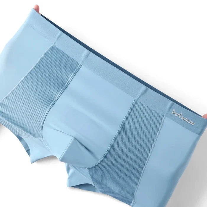 Men's MIIOW breathable underwear set with ice silk mesh fabric, antibacterial cotton crotch, seamless boxer shorts for comfort.