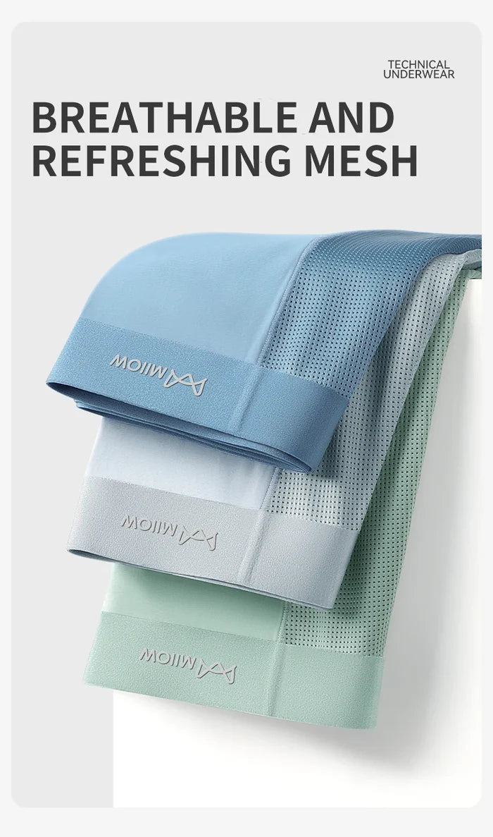 Men's breathable MIIOW boxer shorts with ice silk mesh fabric, antibacterial cotton crotch, seamless design, comfortable fit.