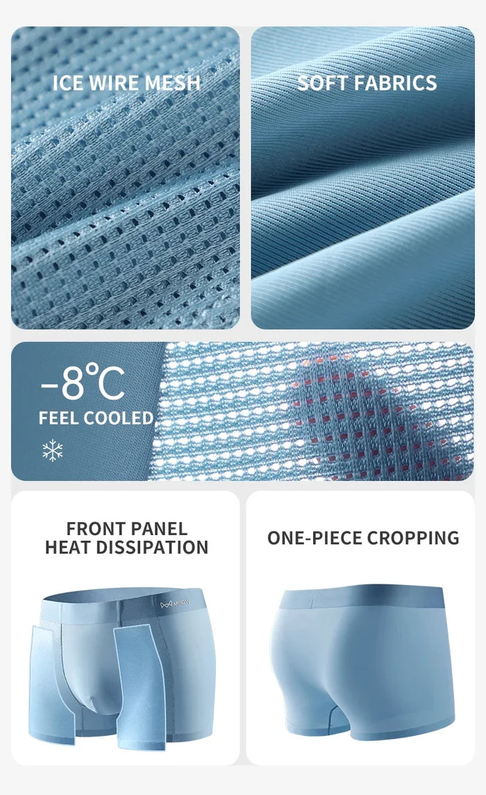 Men's breathable boxer shorts by MIIOW in ice silk mesh fabric with antibacterial cotton crotch, seamless design, lightweight and comfortable.