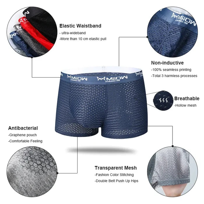 Men's breathable mesh ice silk boxer shorts by MiiOW, featuring lightweight, cooling fabric and comfortable fit for everyday wear.
