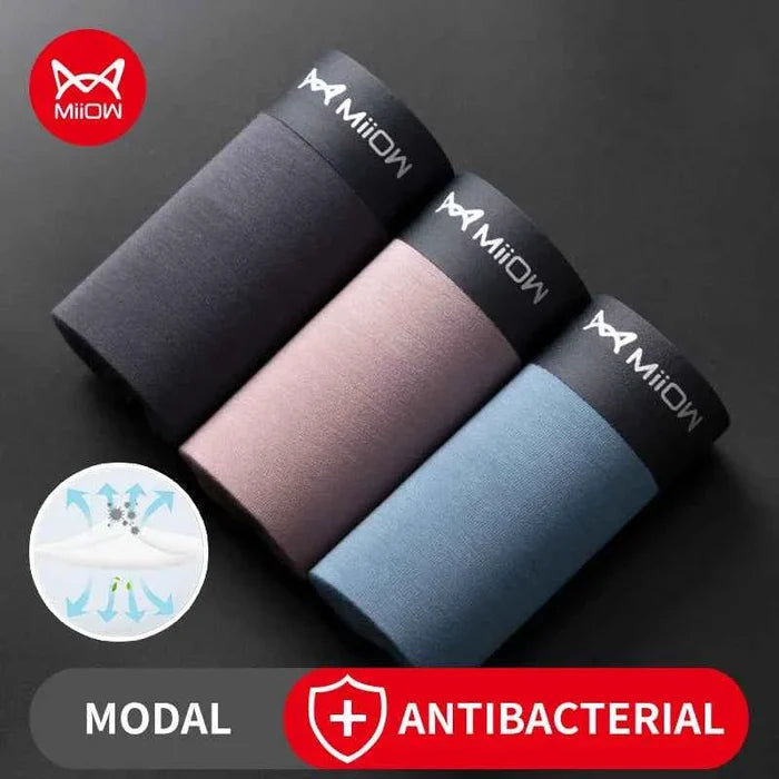 Set of three MiiOW Modal men's boxer shorts featuring antibacterial fabric, comfortable men's underwear from ShopHub NZ.