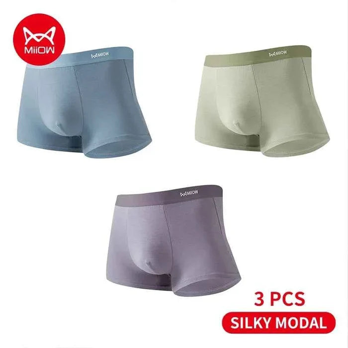 Set of three men's Boxer Briefs in breathable antibacterial modal fabric from MiiOW, designed for comfort and freshness.