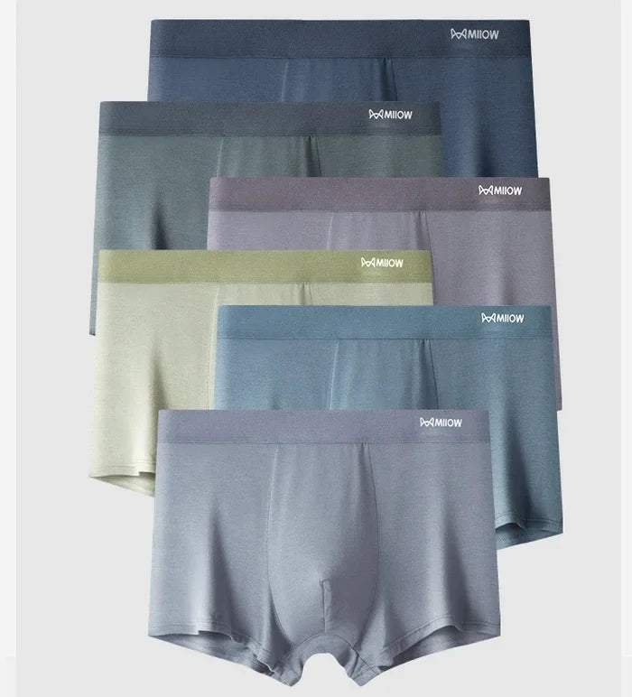 Three pairs of MiiOW antibacterial modal men's boxer briefs in breathable, comfortable underwear set.