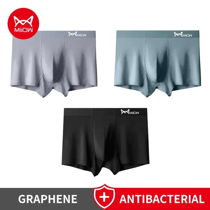 Men's modal boxer shorts by MiiOW with graphene antibacterial fabric, seamless cuffs, in a 3-pack, designed for comfort and hygiene.