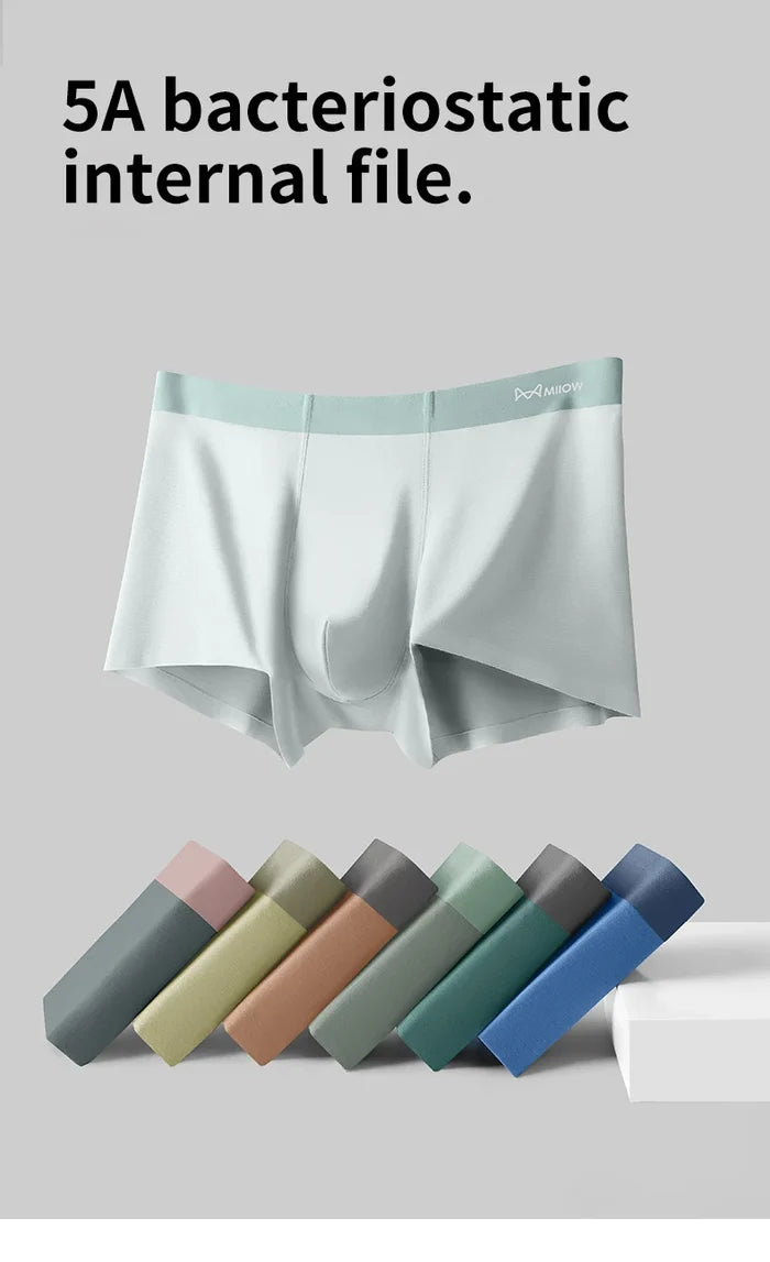 Four pairs of men's silky boxer briefs with antibacterial crotch from MiiOW, showcasing comfortable, smooth fabric and snug fit.