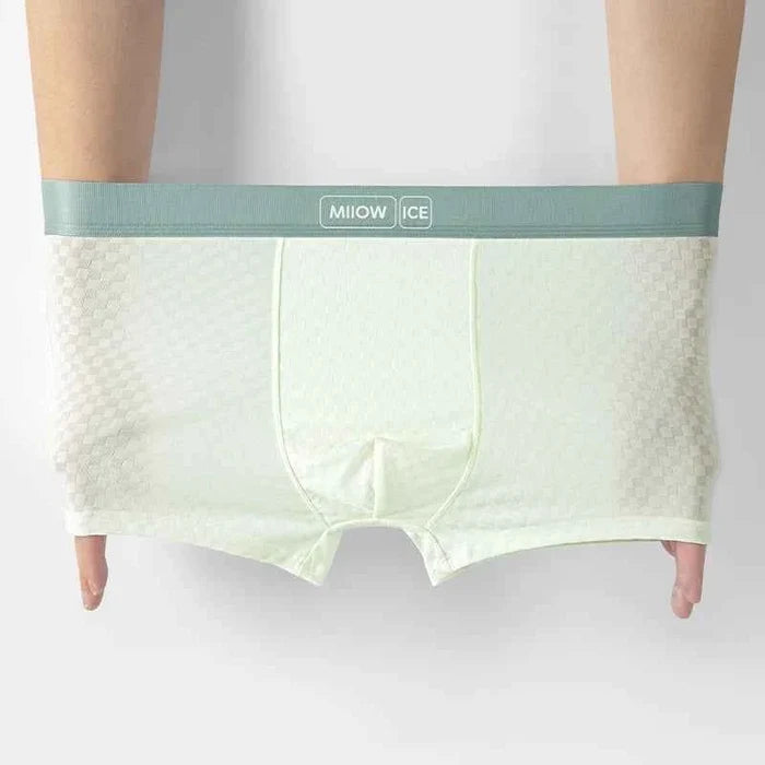 Set of four MiiOW men's antibacterial silk boxer briefs in cool, silky ice fabric, designed for comfort and freshness.