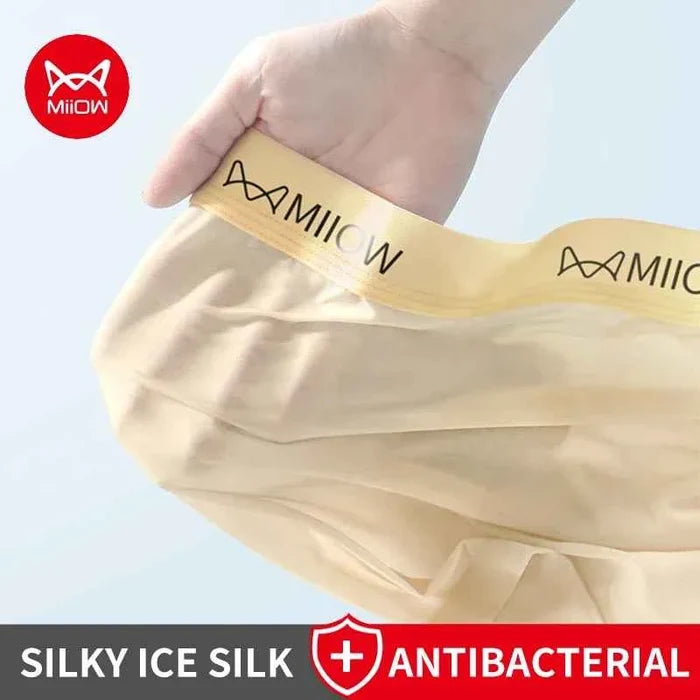 Set of three MiiOW Silky Ice Silk men's boxer shorts in black and gray, made from smooth, lightweight ice silk fabric.