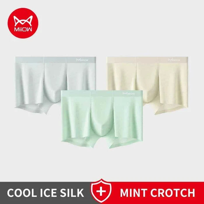 Three pairs of MiiOW men's silky ice silk boxer shorts with antibacterial, seamless, breathable fabric, shown in the image.
