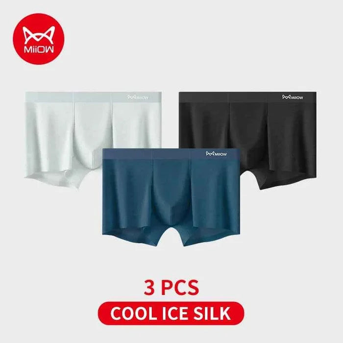 Men's MiiOW Silky Ice Silk boxer shorts, 3-pack, antibacterial, seamless, breathable men's underwear with a comfortable fit.