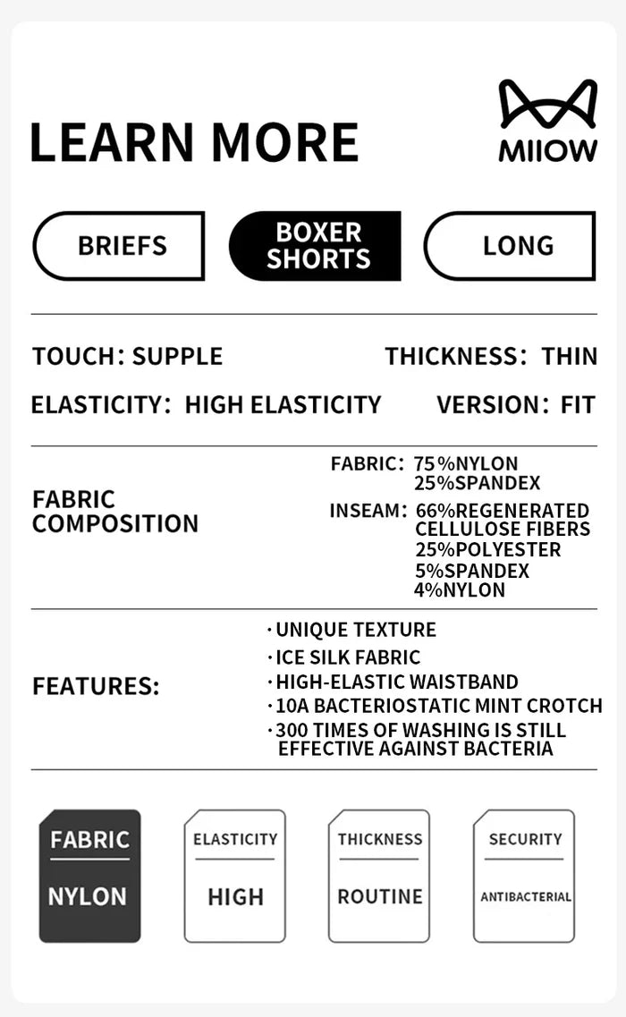 MiiOW Silky Ice Silk men's boxer shorts, 3-pack, antibacterial seamless breathable underwear with soft fabric and comfortable fit.
