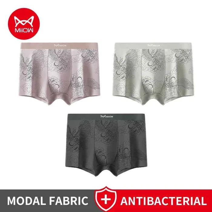 Men's MiiOW Modal boxer shorts set with three silky, breathable, skin-friendly antibacterial boxer briefs, shown in black.