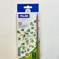 Pack of Milan colored pencils with a blue and white box on a light gray background