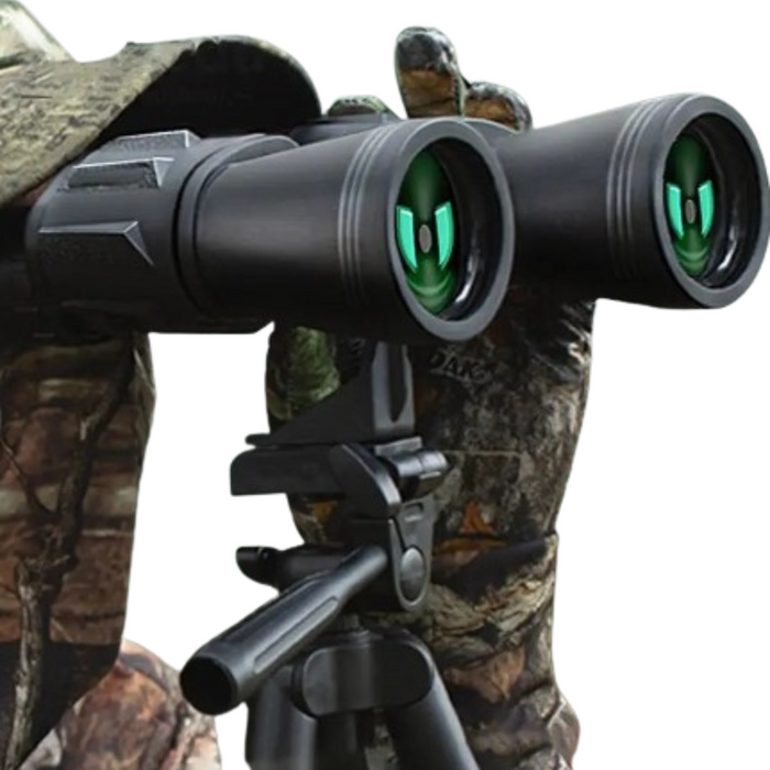Habicare Military HD Binoculars with 20x50 BAK4 prisms showing close-up of the sleek black body and lens arrangement.