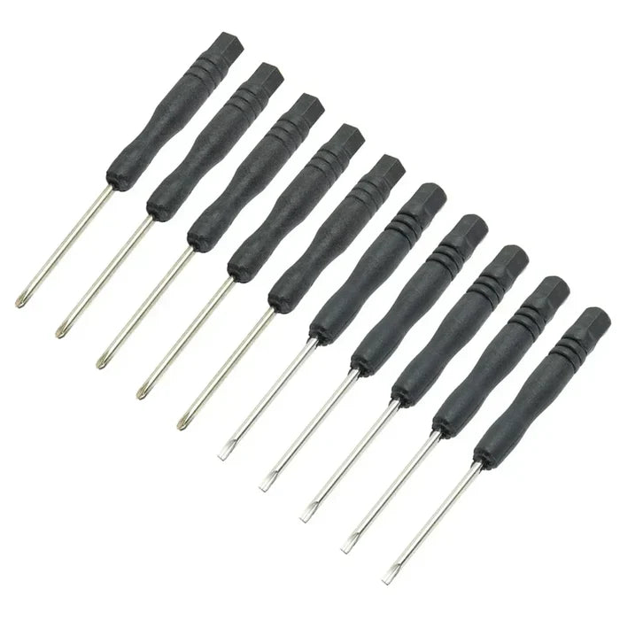 Set of 10 Habicare HBC mini slotted and cross screwdrivers with 2mm tips, 3.22 inches long, shown in a storage case.