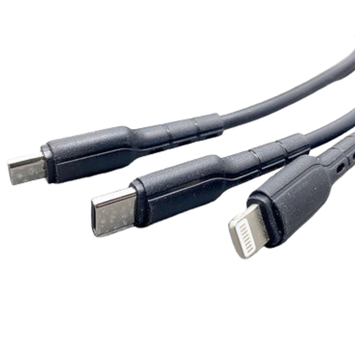 9eight5 Mobigo 1.2m 3-in-1 cable accessory showing multiple connectors on a compact, versatile charging and data transfer cable.