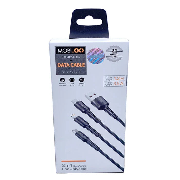 9eight5 Mobigo 1.2m 3-in-1 cable for electronics accessories, featuring multiple connectors for versatile device charging and syncing.