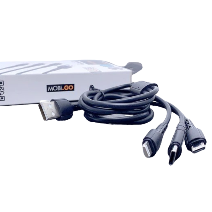 9eight5 Mobigo 1.2m 3-in-1 cable accessory showing USB, USB-C, and Lightning connectors in a close-up image.